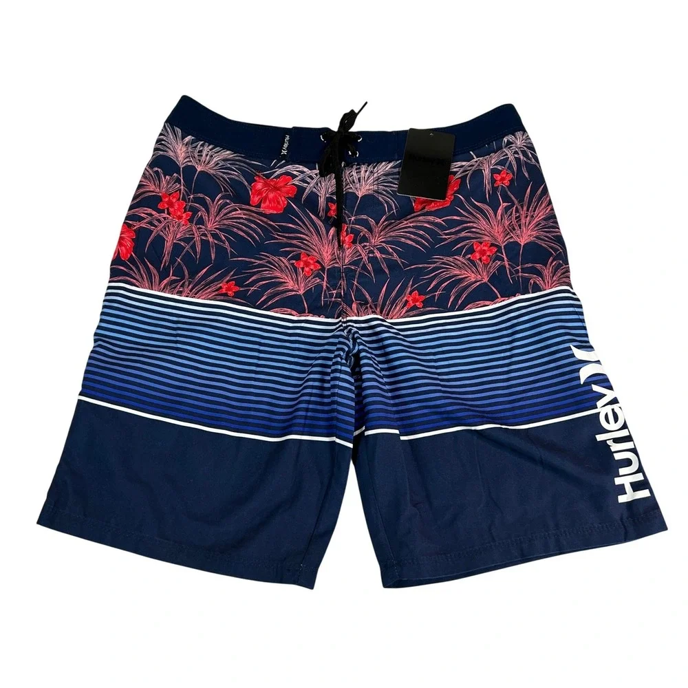 Hurley Boys Board Shorts Midnight Navy Floral Striped Swim‎ Trunks Size 16 28W